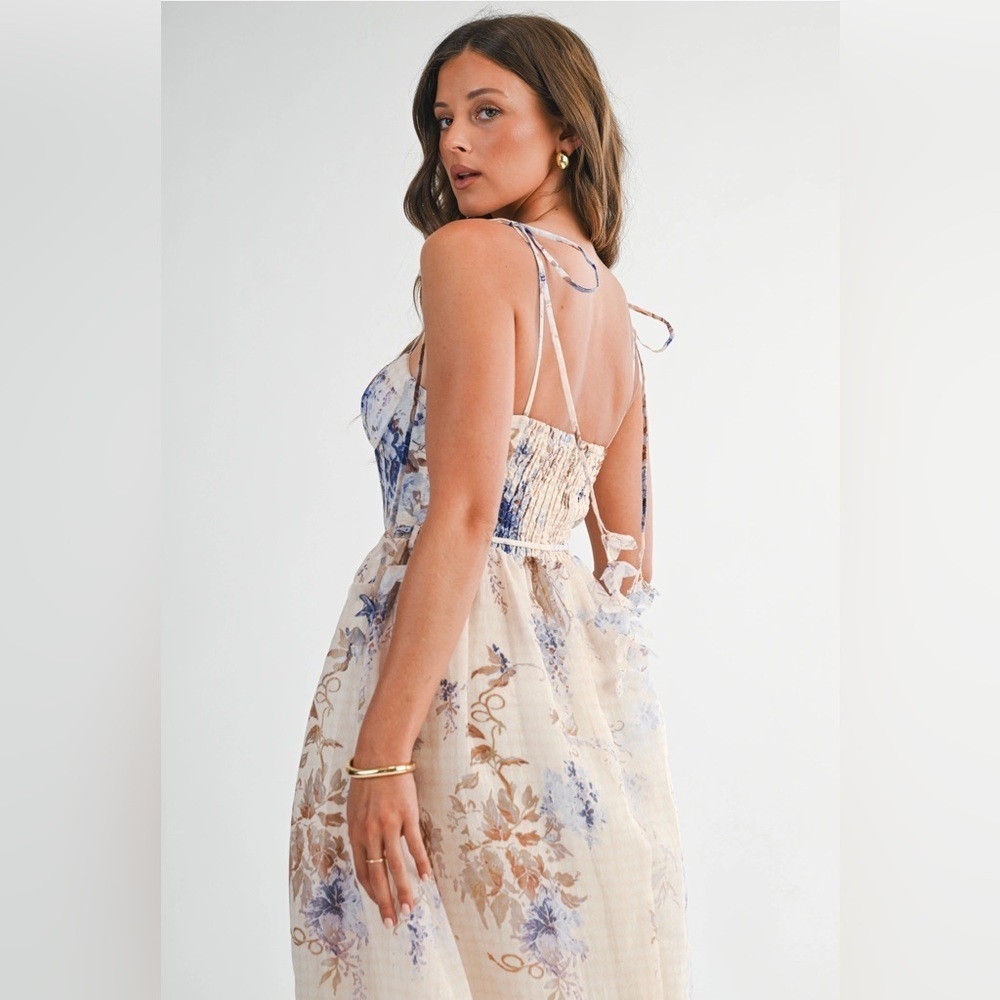 Endless Blu Floral Chiffon Tie-Strap Midi Dress - Picture 5 of 6